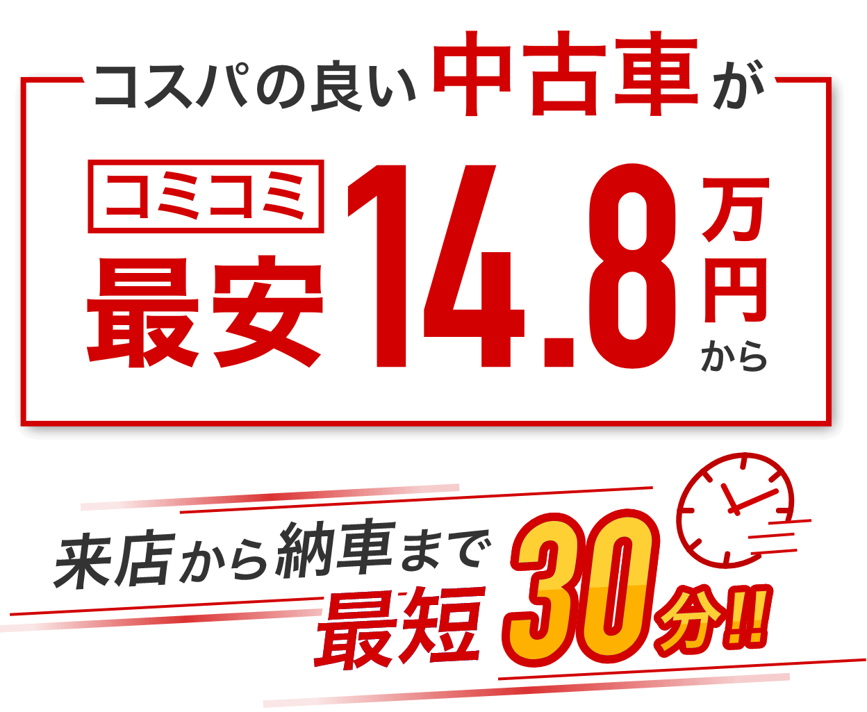 コスパの良い中古車がコミコミ最安14.8万円から 来店から納車まで最短30分